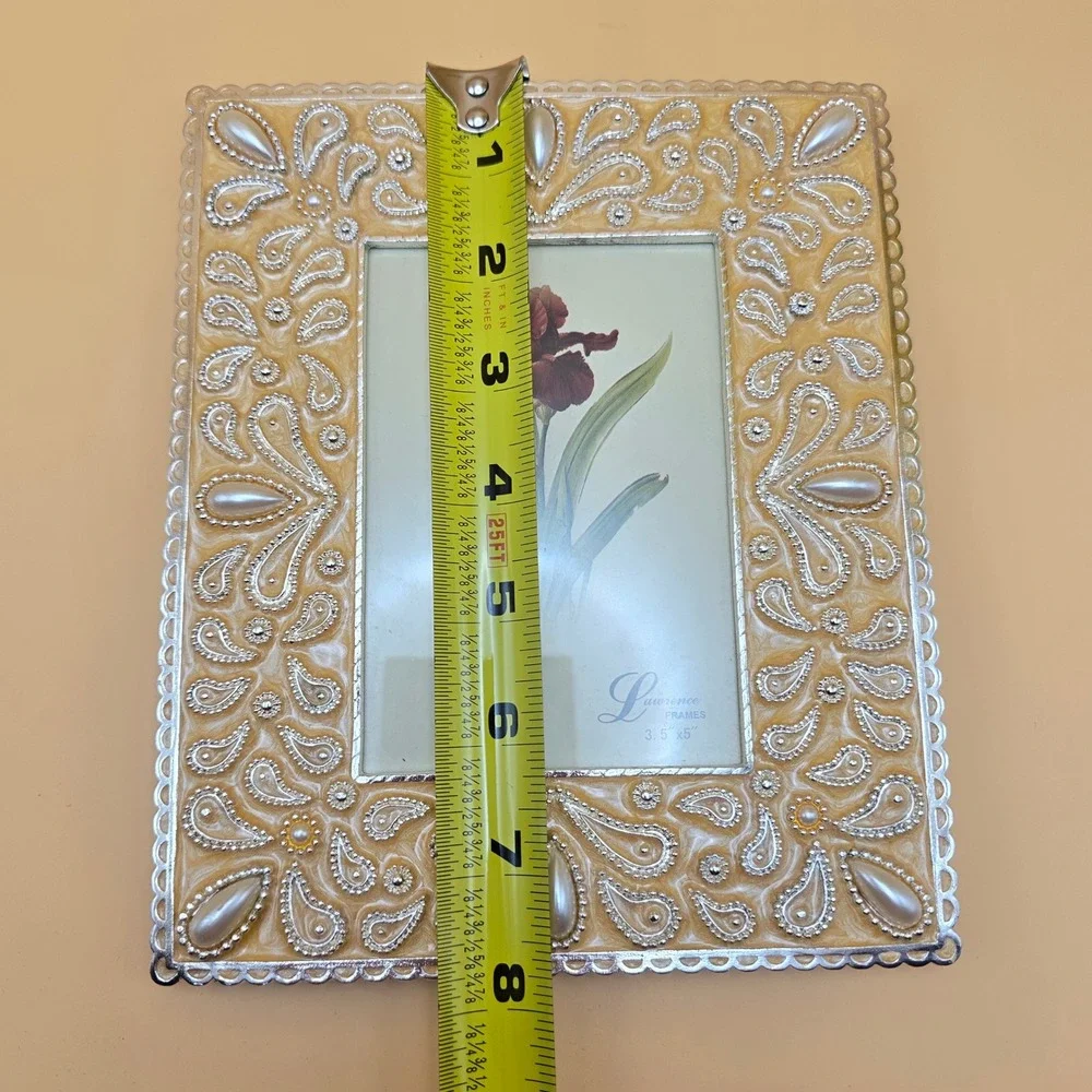 Lawrence Frames 3.5x5 Paisley Pearl Enamel Silver Tone Picture Frame Cream